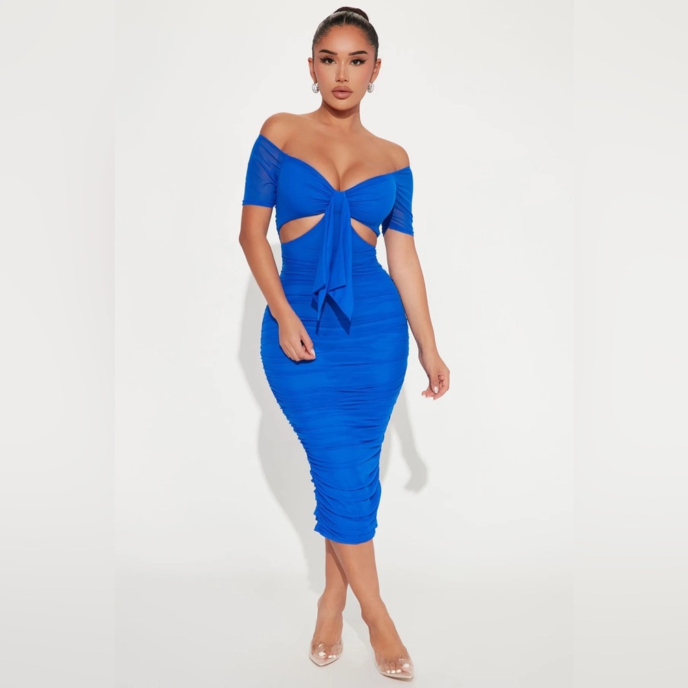 Fashion Nova Simple and Sweet Mesh Ruched Dress - Royal Blue